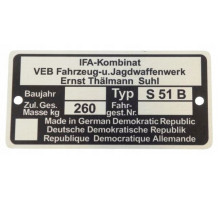 Výrobný štítok Simson S51 B *A